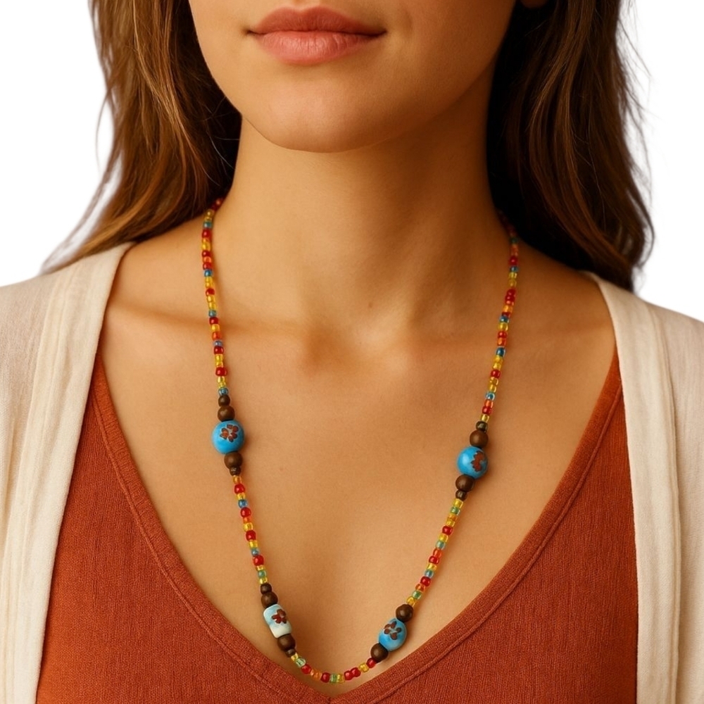 Vtg Y2K Multicolor Beaded Necklace w/ Painted Ceramic & Wooden Beads 20” Boho